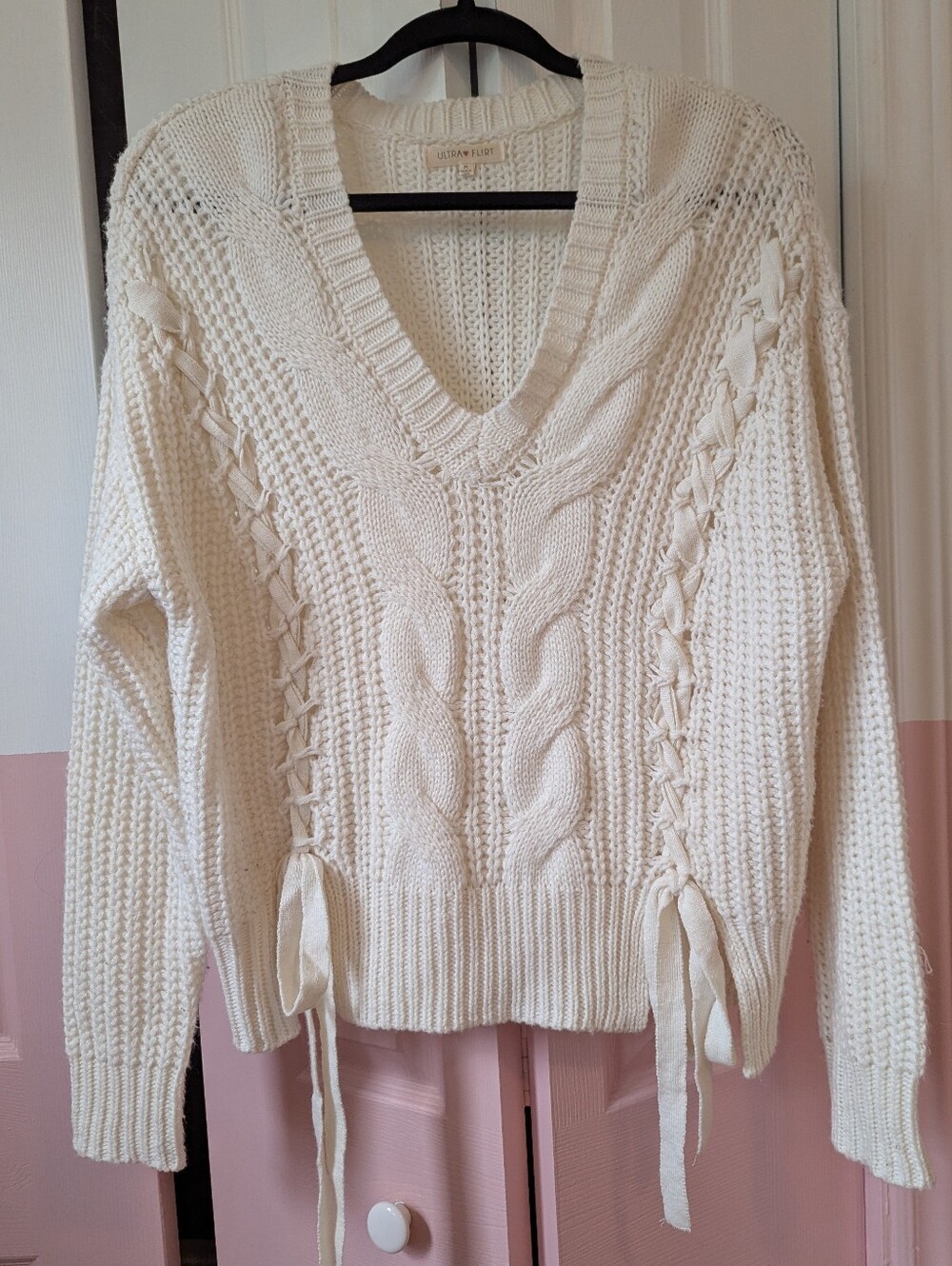 Ultra Flirt Cream Cable-Knit V-Neck Sweater with Side Braid Ties